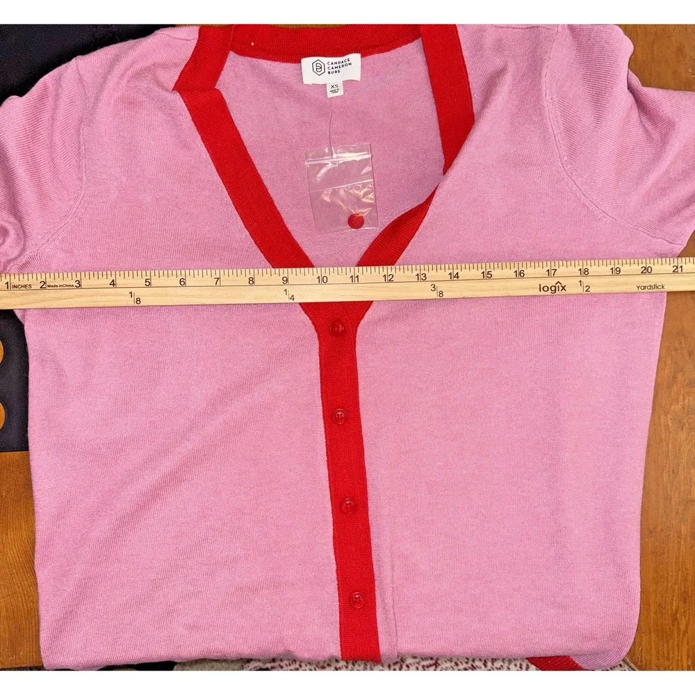 Candace Cameron Bure Pink Red V Neck‎ Button Up Cardigan Sweater XS Ruffle Cuff